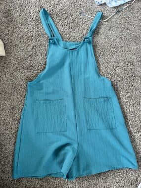 Teal Textured Short Overalls Romper